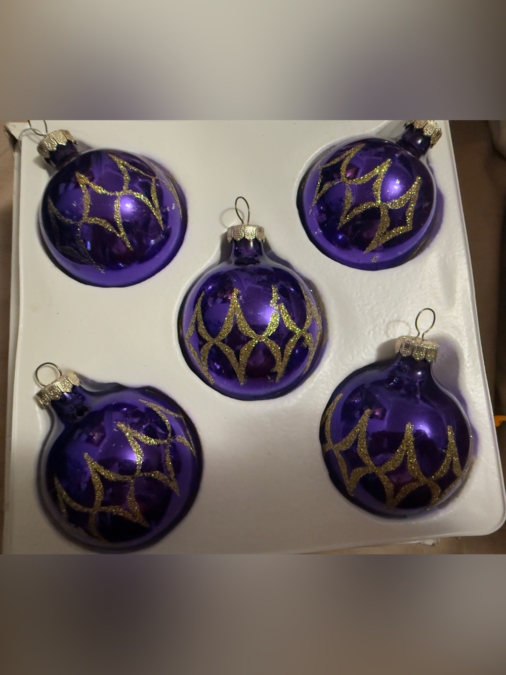 Rauch Vintage Purple and Gold Glass Ornaments set 5 MCM Retro Classic